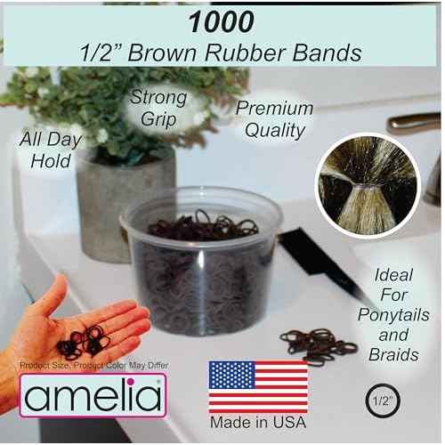 Amelia Beauty | 1000, 1/2", Brown Rubber Hair Ties | US Made Rubber Bands | Ideal for Ponytails, Braids & Beards | Strong All Day Hold
