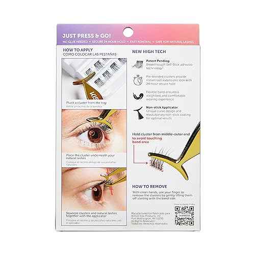 KISS imPRESS Falsies Self Adhesive Eyelashes, Press On Lashes, 12mm-14mm Glam Volume Lashes, Black, No Glue Needed, Invisible Band, 36 Lash Clusters & Non-Stick Applicator - Voluminous