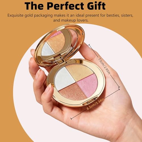 Viviyoo 4-Color Highlighter & Blush Palette with Mirror - Long-Lasting Shimmer Eyeshadow Makeup Kit, Travel Size Gold