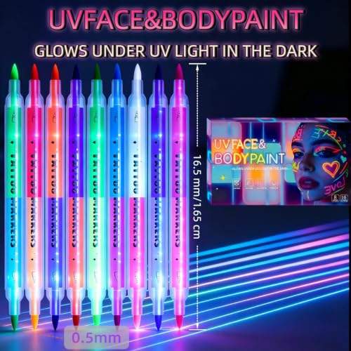 UV Neon Glow Face Paint Markers - 9 Dual-Ended, 18 Colors