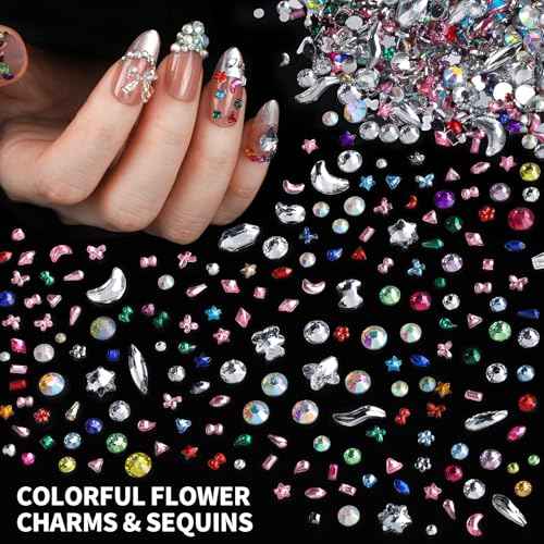 FANDAMEI Nail Charms and Gems, 24 Grids Nail Art Kit for Design, Y2K 3D Charms Rhinestone, Gold Metallic Nail Gems, Flatback AB Nail Rhinestones Gold Nail Pearls, 3D Fruits Flowers Nail Jewels