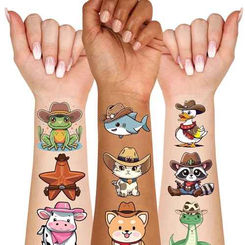 Cowboy Temporary Tattoos for Party Supplies, 75+ PCS Western Tattoo Themed Party Favors, Animal Tattoos Party Favor Activities, Wild West Waterproof Tattoos.