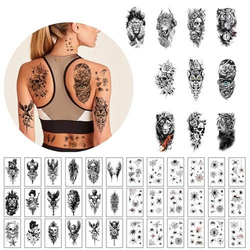 "70PCS Temporary Tattoos men and Adults - Waterproof Fake Tattoos Stickers,Tiger Skull Skeleton Tattoos kit Stickers.party and Summer Designs.