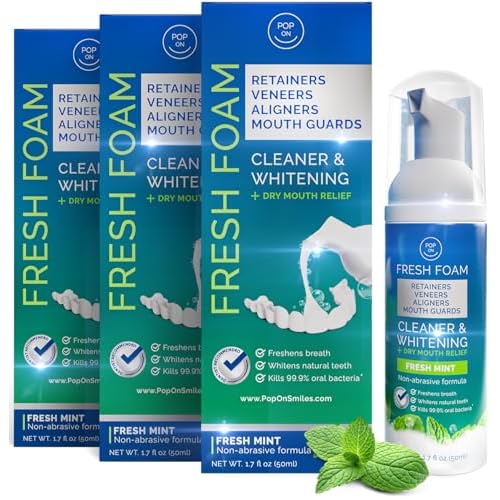 Aligner & Retainer Cleaner Fresh Foam ? Dry Mouth Relief, Compatible with All Clear Aligners, Retainers, Mouth Guards, Night Guards, Veneers, Whitens, Freshens, 3% Hydrogen Peroxide, Mint - 50ml 3pcs