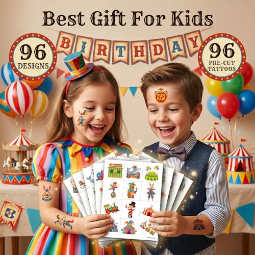 96 Pcs Carnival Temporary Tattoos for Kids - Pre-Cut Party Favors