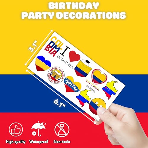 100PCs Colombia Temporary Tattoos Colombia Independence Birthday Party Decorations Favors Supplies Flag Themed Cute Stickers 10 Sheets Gifts for Baby Kids Girls Boys Class School Carnival Christmas