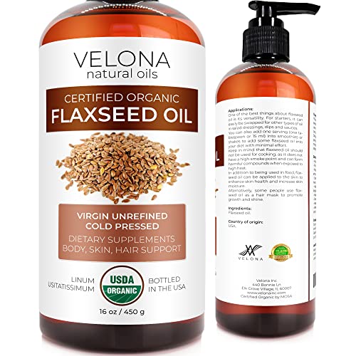 velona USDA Certified Organic Flaxseed Oil - 16 fl oz | 100% Pure and Natural Carrier Oil | Unrefined, Cold Pressed | Hair Growth, Body, Face & Skin Care | Use Today - Enjoy Results