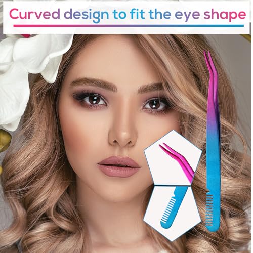 3pcs Eyelash Tweezers, 3 Styles Lash Tweezers with Comb Stainless Steel False Lash Application Tool Eyebrow Tweezers Makeup Tool for Cluster Individual Lash (Purple Blue Gradient)