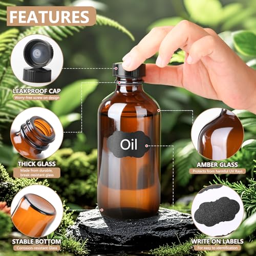 12 Pack 8 oz Amber Glass Boston Bottle With Black Poly Cap, Funnel, Chalk Labels, Pen, Dispensing Bottles for Homemade Vanilla Extract, Essential Oils, Herbal Medicine, Wedding Christmas Decor