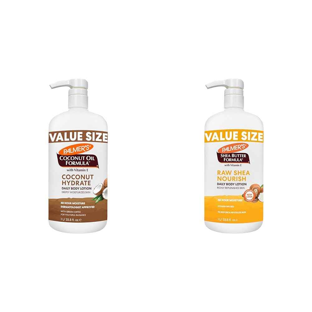 Palmer's Coconut Oil Formula Body Lotion for Dry Skin & Shea Formula Raw Shea Body Lotion for Dry Skin, Hand & Body Moisturizer, Value Size Pump Bottle, 33.8 Ounces (Pack of 1)