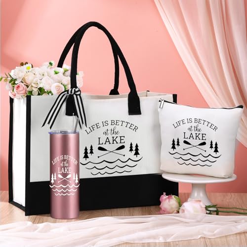 Sieral 3 Pcs Life Is Better at the Lake Gifts for Women 20 oz Tumbler with Text Stainless Steel Mug Cup for Trip Housewarming Gift