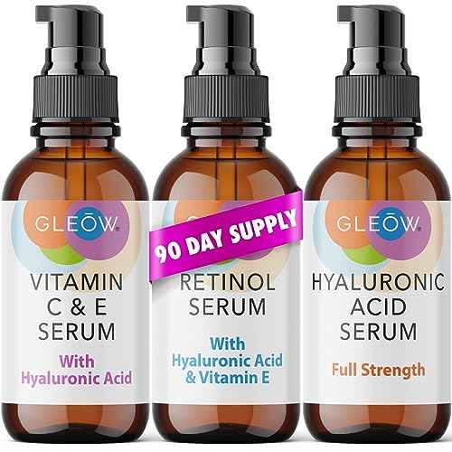 GLEOW Retinol Serum for Face, Vitamin C with Hyaluronic Acid Face Serum for Women and Men, Glow Total Package Skin Care Set, Targets Appearance of Uneven Skin Tone and Dryness 3x2 oz
