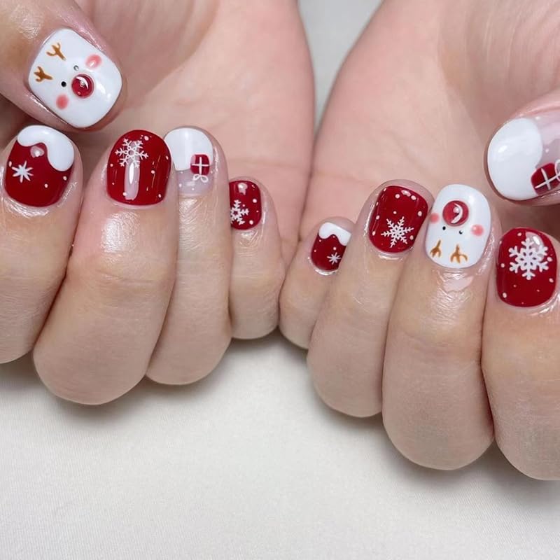 24PCS Christmas Nails Press on Short Red White French Tip Square Fake Nails with Snow White Elk Snowflake Design False Nails Full Cover Winter Xmas Stick on Nails for Women Girls Nail Art Decoration