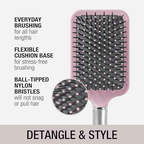 Conair Velvet Touch Paddle Cushion hair brush - Detangling hairbrush - curly or straight styles - men or women - detangler - features soft touch handle - Blush Pink