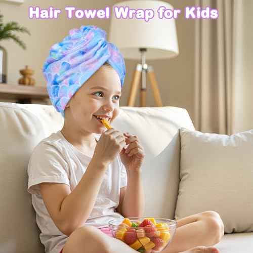 FIOBEE Microfiber Hair Towel Wrap for Kids Rapid Drying Turbans for Wet Hair with Button Women & Girls Long, Curly Hair Pack of 2, Purple/Green Mermaid