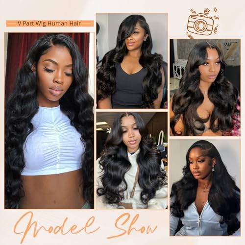V Part Human Hair Wig Body Wave V Part Wig Human Hair for Black Women 14 Inch Glueless Wigs Clip Upgrade Natural Beginner Friendly Middle Part 200% Density