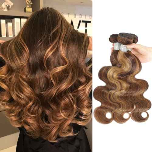 P4/27 Honey Blonde Highlight Body Wave 3 Bundles Human Hair 16 18 20 inch, 12A 100% Virgin Brazilian Weaves Thick Track Balayage Ombre Brown Colored Human Hair Bundles Deals Sew In Remy