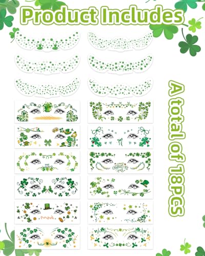 18pc St Patrick's Day Face Tattoos, Green Shamrock Glitter