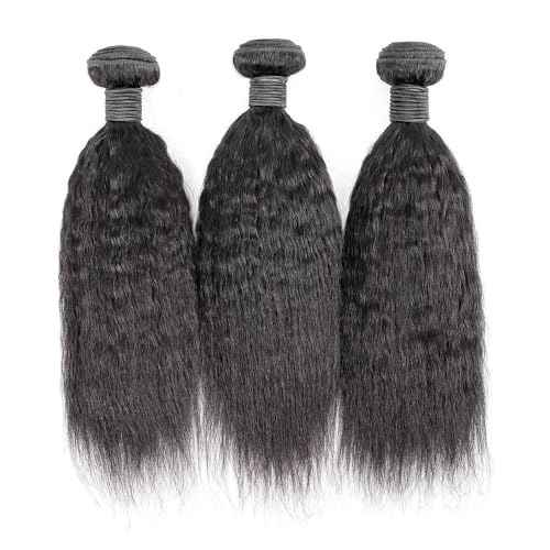 Human Hair 3 Bundles With Closure 10A Brazilian Virgin Hair Short Weave with 4x4 Middle Part Half Hand Tied Lace Closure Natural Color (kinky straight, 121212+10)