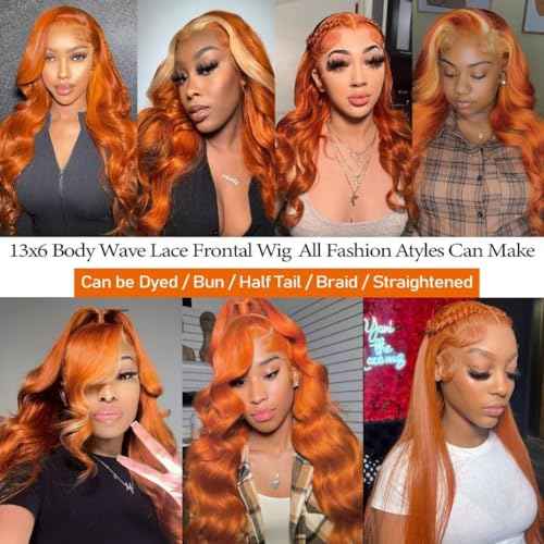 26 Inch 13¡¿6 Ginger Lace Front Wigs Human Hair Orange Ginger Body Wave HD Lace Frontal Wigs for Women 180% Density #350 Color Glueless Wig Pre Plucked Super Soft
