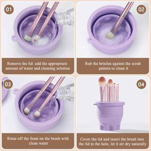 WantGor Makeup Brush Cleaner Mat with Brush Storage Holder, 3 in 1 Foldable Silicone Bowl Cosmetic Brushes Cleaning Pads Tool for Makeup Brush, Makeup Sponge, Powder Puff (Purple)