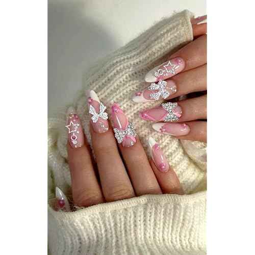 106 Pcs Nail Charms and Gems Silver Nail Charms Nail Rhinestones for Nails Design 3D Butterfly, Bow, Star,Cherry,Cross,Dollar,Heart Shapes for Acrylic Nails (19 Styles)