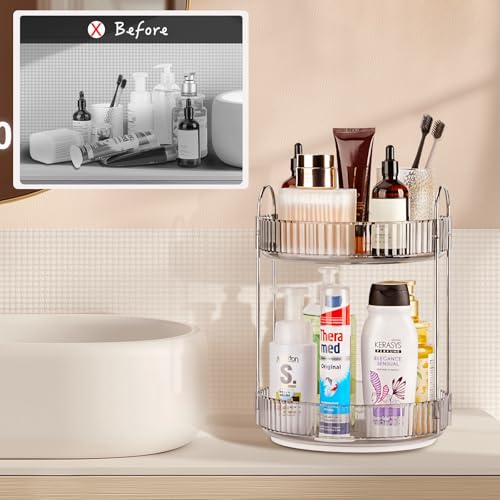 Niluks Classic Grey 2-Tier Rotating Makeup & Skincare Organizer, Lazy Susan Vanity Storage