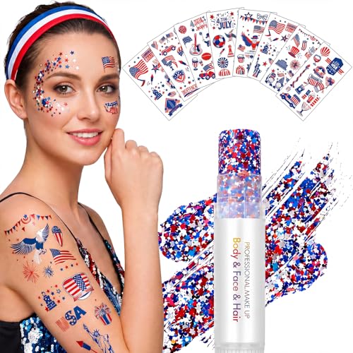 100 Patriotic Temporary Tattoos + Glitter Gel Stick Kit