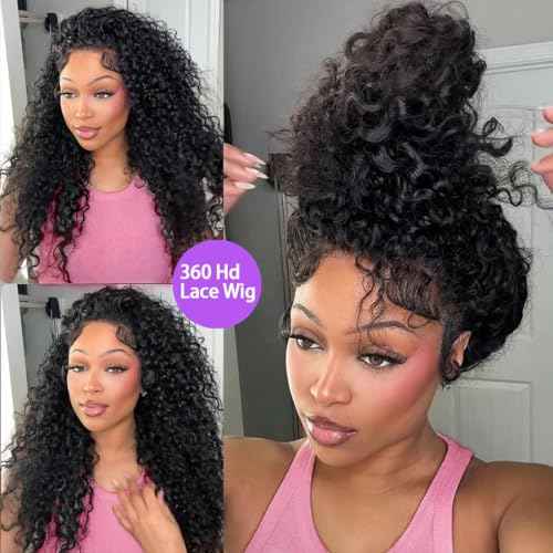 360 Deep Wave Lace Front Wigs Human Hair 28 Inch Curly Wig Hidden Strap HD Full Lace Human Hair Wigs Pre Plucked with Drawstring 180% Density Deep Curly Glueless Wigs Human Hair for Women