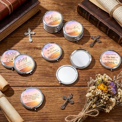 18 Sets Mother's Day Church Gifts Bulk Christian Compact Makeup Mirror Bible Verse Round Pocket Mirror with Gift Cards Organza Bags for Women (18 Style)