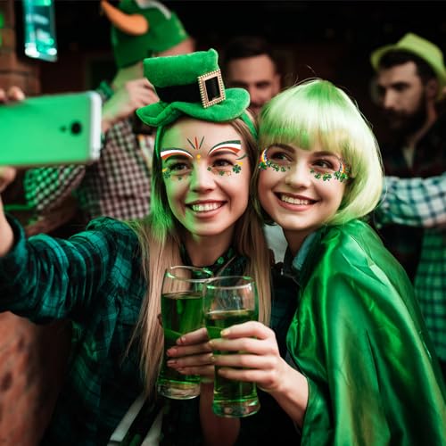 HOWAF 10 Sheets St Patrick's Day Face Tattoo Stickers,Shamrock Clover Facial Makeup Sticker Face Eye Tattoos for St. Patrick's Day Party Accessory, Irish Green Party Glitter Face Art Temporary Tattoos