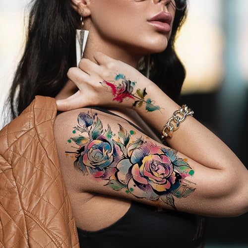 Watercolor Temporary Tattoos for Women, 30 Sheets Floral & Animal Designs
