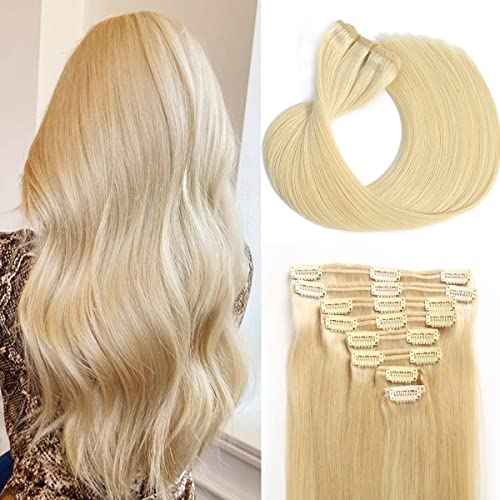 Clip in Hair Extensions Real Human Hair 100% Brazilian Virgin Human Hair 70g 8pcs Per Set with 18Clips Double Weft Clip in Human Hair Extensions (20 Inch, #613 Bleach Blonde)