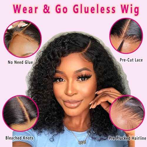 Glueless Wigs Human Hair Pre Plucked Pre Cut 4/27 Highlight Ombre Honey Blonde Curly Bob Wig Human Hair for Beginners 4x4 Deep Wave Lace Closure Glueless Wigs for Black Women 12 Inch