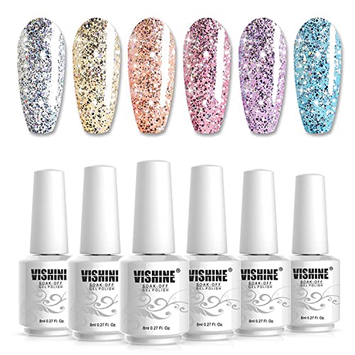 Vishine Glitter Sparkly Platinum Gel Nail Polish Set of 6 Pcs Shiny Silver Golden Pink Blue Bright Colors Gel Polish Kit UV LED Soak Off Home DIY Manicure Nail Salon Art Design 8ml