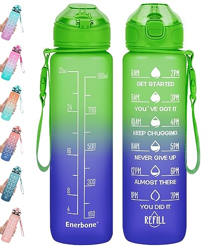 Enerbone 32 oz Drinking Water Bottle with Times to Drink and Straw, Motivational with Carrying Strap, Leakproof BPA & Toxic Free, Ensure You Drink Enough Water for Fitness Gym Outdoor