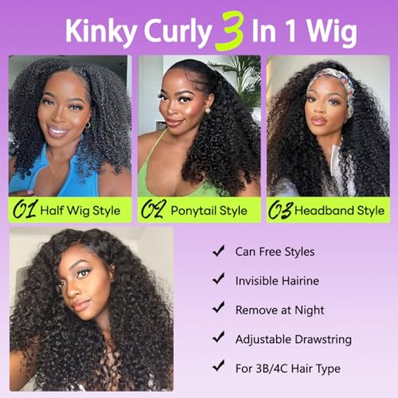 20 Inch Kinky Curly Half Wig with Drawstring & Headband