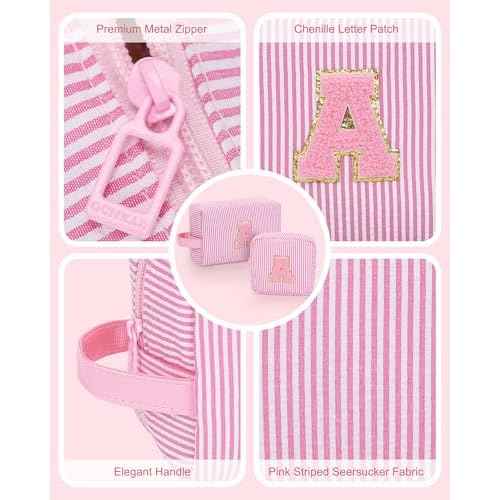 MONSTINA Initial Makeup Bag Set for Girls&Women,Personalized Make Up Case for Girlfriend Graduation Teacher Gifts,Cute Toiletry Bag Preppy Chenille Letter Patch,Pink A