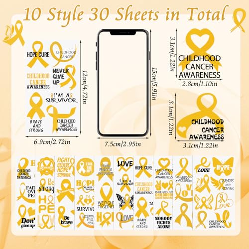 Gold Ribbon Cancer Awareness Temporary Tattoos - 30 Sheets