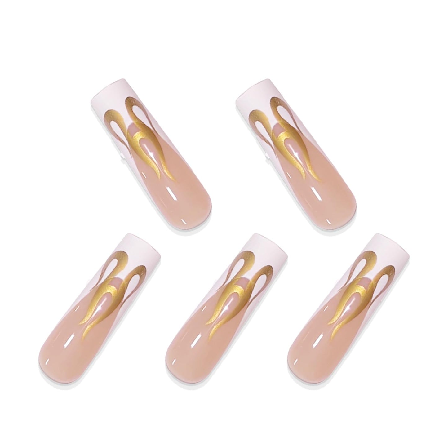 BABALAL French Tip Press on Nails Long Square Fake Nails White Glue on Nails Golden Chrome Flame Design Y2k Acrylic Nails 24Pcs Squoval Manicure False Nails for Women and Girls