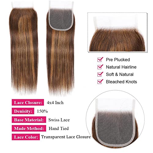 Brazilian Human Hair Bundles With 4x4 Closure P4/27 Honey Blonde