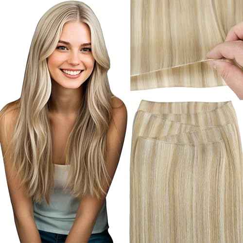 Loxxy Sew in Hair Extensions Real Human Hair 18 Inch Hand Tied Genius Weft Hair Extensions for Women Light Brown Highlighted Platinum Blonde One Piece 50g P#8/60A