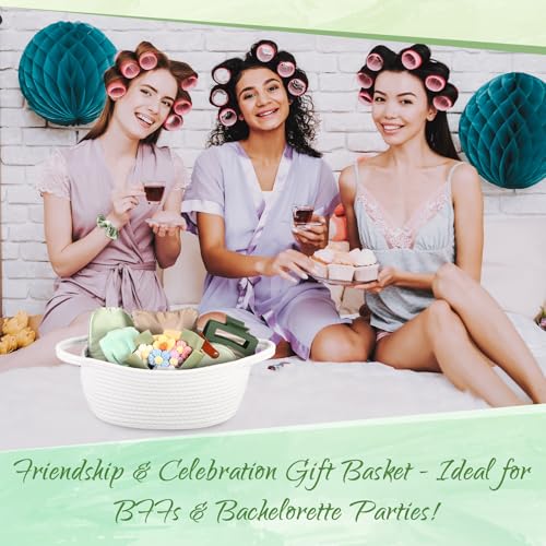 Kacctyen Sage Green Gift Basket for Women Include Woven Basket Makeup Bag Sleep Mask Jewelry Box Hair Bow Crochet Flower and More Self Care Birthday Gift Box for Mom Wife Friends Sister Coworker