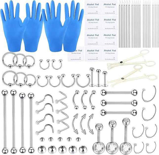 Xpircn 90Pcs Body Piercing Kit 14K Gold Filled Belly Button Ring Ear Nose Septum Piercing Jewelry with Clamps Gloves 20G 18G 16G 14G 12G Piercing Tools for Body Piercing