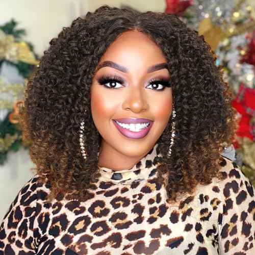 WIGER Short Bob Lace Front Wigs Middle Part Wigs Pre Plucked Curly 13x4x1 T Lace Part Wigs Ombre Brown Afro Kinky Curly Wigs Synthetic Curly Wig for African American women