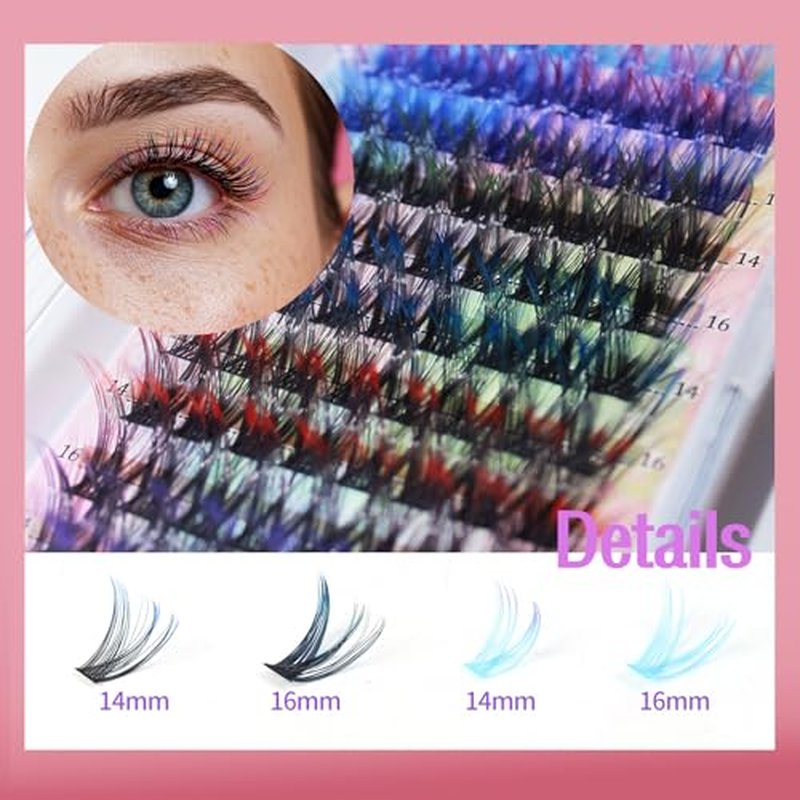 Valentine's Day Limited lashes Fairy Colored Lash Extensions Clusters,False Eyelashes, Individuals Eyelash Clusters Diy Colored Eyelash Kit 6 Colors 14/16mm D Curl Gradien Read,Green,Blue,Pink£¨96pcs)