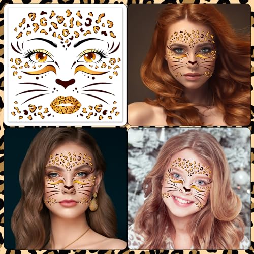 Leopard Print Face Temporary Tattoos - 4 Sheets Halloween Costume
