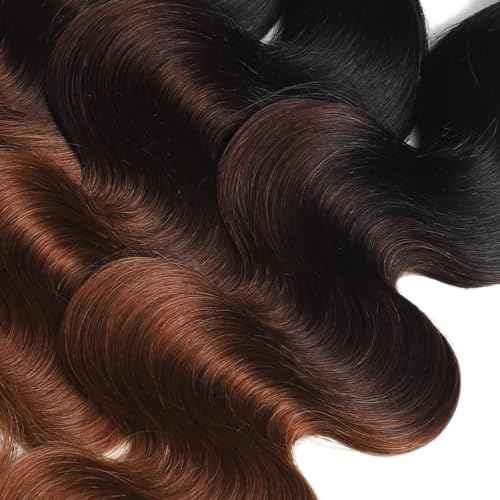 12A Ombre Body Wave Bundles Human Hair 16/18/20 Inch, T1B/2/30 Chestnut Brown 3 Tone Colored Human Hair 3 Bundles With Dark Roots 100% Remy Hair Thick Wavy Keep Soft after Washing