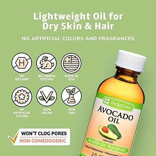 De La Cruz Avocado Oil - Expeller Pressed Pure 100% Avocado Oil for Hair and Body - Lightweight Body Oil for Dry Skin 2 FL. OZ