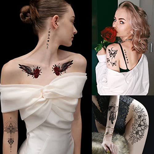 Flower Butterfly Temporary Tattoos for Women Girls, 12Sheets Large Black Waterproof Half-Arm Shoulder Adults Fake Tattoo, Blue Realistic That Look Real Last Long Party Favors Supplies Gifts